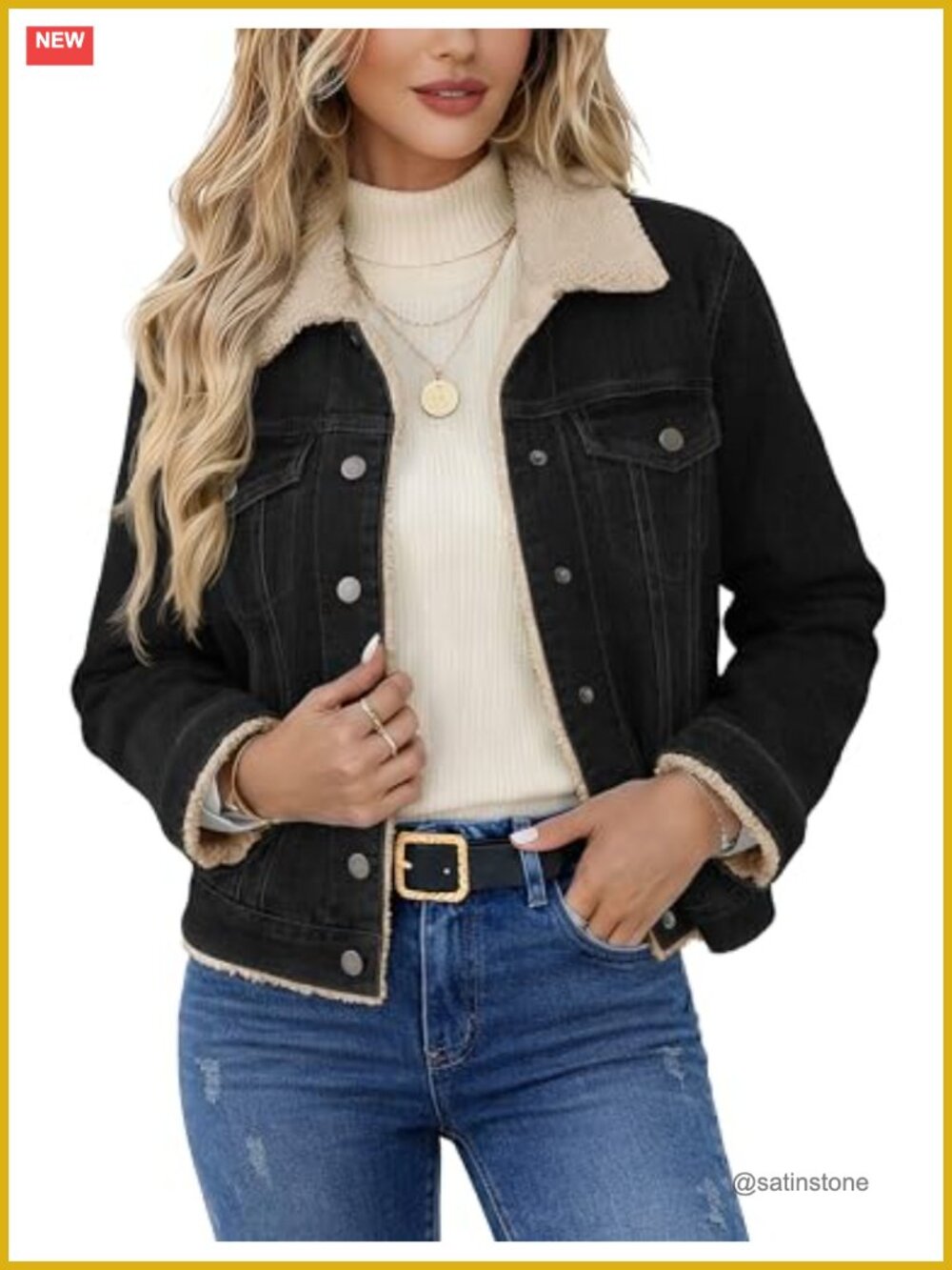 Sherpa Lined Denim Jacket Fleece Jean Coat Fur Collared Button Down Trucker